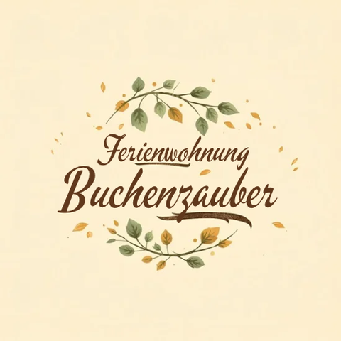 An elegant logo for a holiday apartment. The inscription "Ferienwohnung Buchenzauber" is surrounded by leaf-like embellishments.
