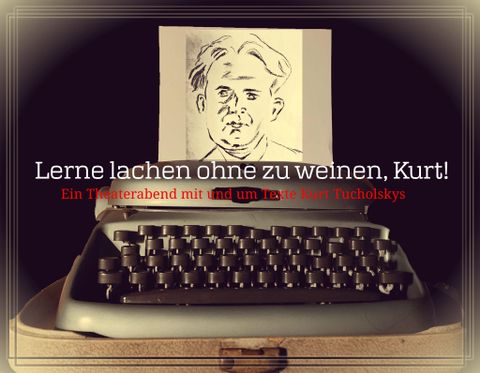 Une vieille machine à écrire avec une feuille de papier sur laquelle se trouvent un portrait et du texte. Le texte encourage à rire sans pleurer.