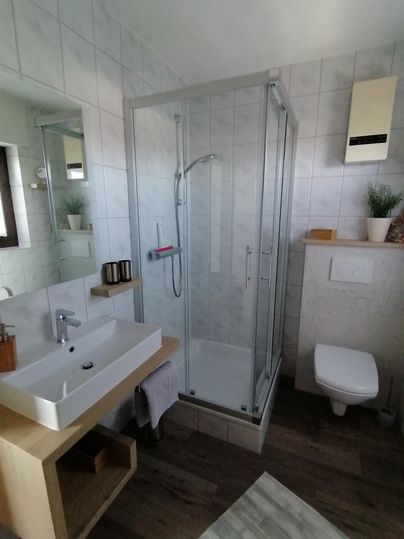 Ein modernes Badezimmer mit einer Glasdusche und einem eleganten Waschbecken auf einem Holzregal. Die Wände sind gefliest, und es gibt frische Pflanzen auf der Ablage.