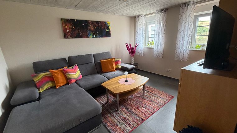 Een moderne woonkamer met een grijze bank en kleurrijke kussens. De ruimte heeft grote ramen die veel licht binnenlaten, en een kleine houten tafel in het midden.