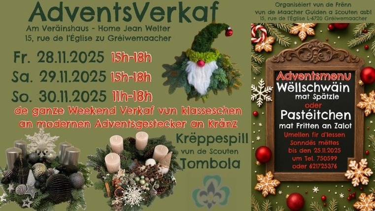 Adventlicher Verkauf mit Dekorationen und Angeboten. Das Ereignis findet am 28., 29. und 30. November 2025 statt.