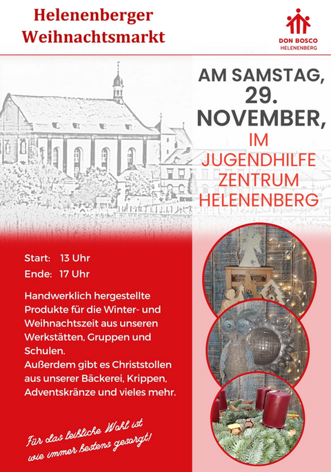 Ein Plakat für den Heleneberger Weihnachtsmarkt, das Datum und Details zur Veranstaltung anzeigt. Es werden handwerklich hergestellte Produkte und Christstollen angeboten.