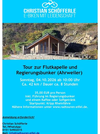 An advertisement for an e-bike tour to the flood chapel and the government bunker in Ahrweiler. The tour takes place on October 4, 2026, and lasts about 8 hours.