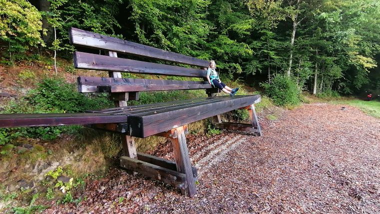 Une personne est assise sur un banc en bois surdimensionné dans une zone boisée.