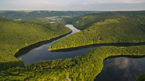 Aerial view of a river meandering through wooded hills.