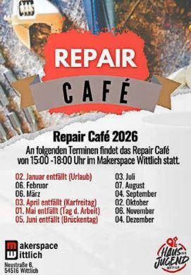 Ein Banner für das Repair Café 2026 in Wittlich. Es zeigt die Termine und den Veranstaltungsort im Makerspace Wittlich.