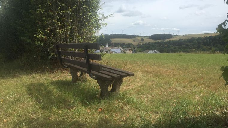 A wooden bench stands in a meadow overlooking the valley. In the background, gentle hills and scattered houses are visible.