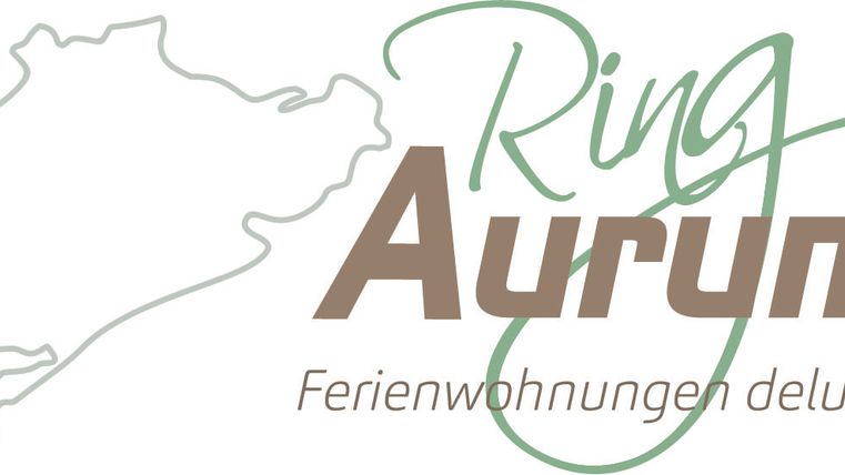 Een logo met de tekst "Ring Aurum" en de toevoeging "Deluxe vakantiewoningen". Op de achtergrond is een schematische weergave van een regio te zien.
