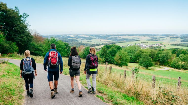 Vier Wanderer gehen einen Weg entlang mit Blick auf grüne Hügel und ein ausgedehntes Tal. Die Landschaft ist sonnig und einladend.