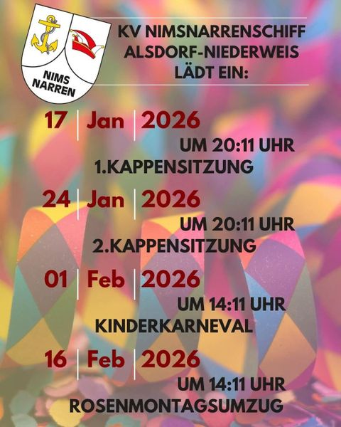 Een evenementenbericht voor het KV Nimsnarrenschiff Alsdorf-Niederweis. Het toont de data voor Kappensitzungen, kinderkarneval en de Rosenmontagsoptocht in 2024.