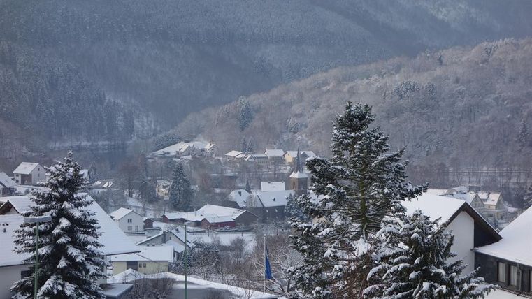 Un paysage enneigé avec des maisons traditionnelles et de grands arbres. À l'arrière-plan, on peut voir des collines douces et un ciel nuageux.