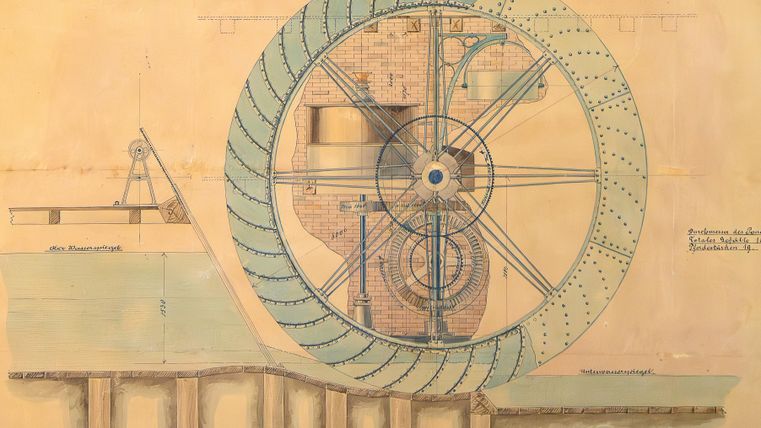 Een technische tekening van een waterwiel met gedetailleerde mechanische componenten. De weergave toont de constructie en werking van het tandwielmechanisme.