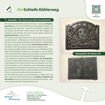 An information sheet about the Ahr Loop Köhlerweg with historical details on Antweiler and the ore, fire, and iron industries. It shows illustrated plates of the brand AR and offers tourist information.