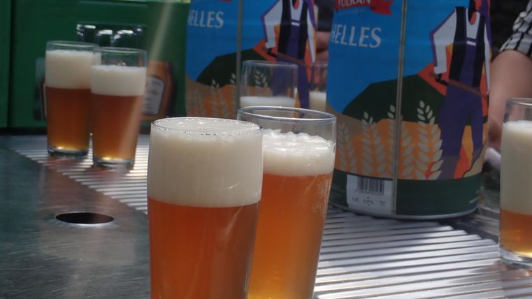Gläser mit frisch gezapftem Bier stehen auf einem Tisch. Im Hintergrund sind Bierfässer sichtbar.