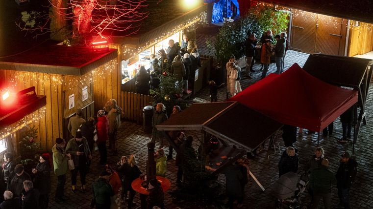 Ein festlich dekorierter Weihnachtsstand mit Lichtern und roten Sternen. Eine Verkäuferin lächelt, während sie mit einem Kunden spricht.