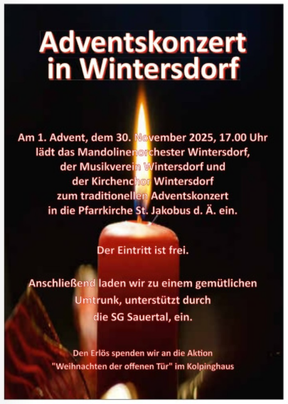 Een poster voor een adventsconcert in Wintersdorf. Het nodigt uit voor een gratis concert op 30 november 2025 in de parochiekerk St. Jakobus de Oudere.