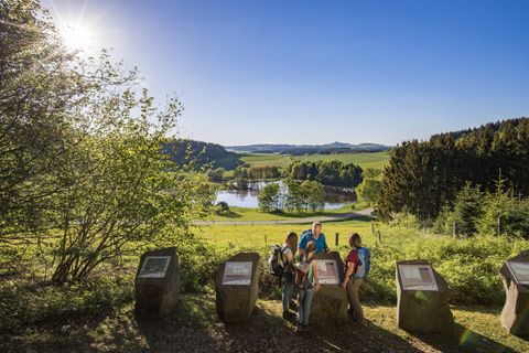 Gruppe von Wanderern betrachtet Informationstafeln am Booser Doppelmaar.