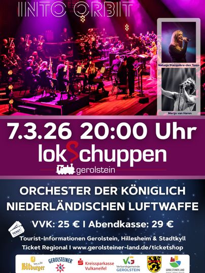 Ein Konzertplakat für das Orchester der königlich niederländischen Luftwaffe. Das Event findet am 7. März 2026 um 20:00 Uhr im lok&schuppen in Gerolstein statt.