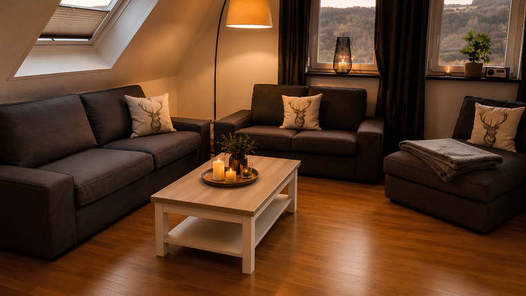 Ein gemütliches Wohnzimmer mit dunklen Sofas und einem Holztisch. Die Beleuchtung schafft eine warme, einladende Atmosphäre.