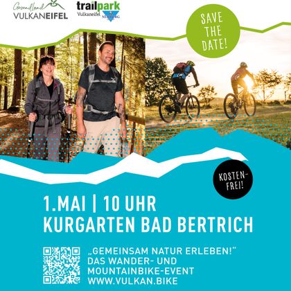 An invitation to a hiking and mountain biking event in the spa garden of Bad Bertrich. The event takes place on May 1st at 10 AM and is free of charge.