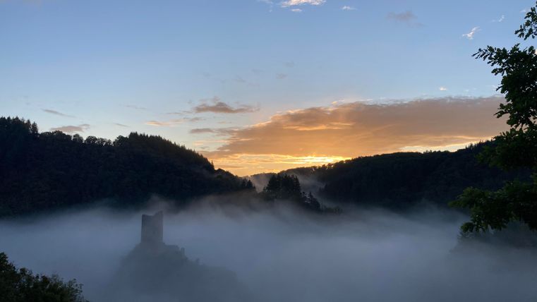 Een rustig landschap met een kasteel dat uit de mist oprijst. Bij zonsopgang wordt de hemel in zachte kleuren verlicht.