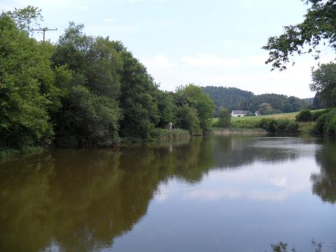 Ein ruhiger Fluss umgeben von grünen Bäumen und einem sanften Hügel im Hintergrund. Die Wasseroberfläche spiegelt die Landschaft wider.