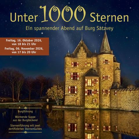 Un château majestueux sous un ciel nocturne clair, entouré d'eau et d'arbres. Le texte annonce un événement avec des visites guidées et des observations du ciel étoilé.