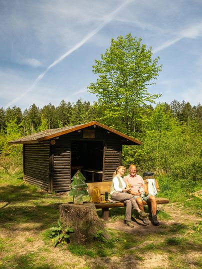 Un couple est assis confortablement sur un banc devant une petite cabane en bois dans la forêt. Autour d'eux se trouvent des arbres verts et un ciel clair et ensoleillé.