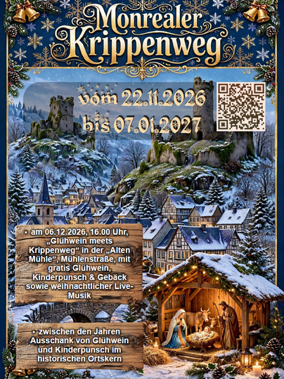 Ein festlicher Flyer für den Monrealer Krippenweg mit einer winterlichen Landschaft und historischer Architektur. Die Veranstaltung bietet Glühwein, Kinderpunsch und Livemusik.