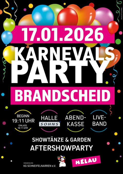 A poster for a carnival party in Brandscheid. It displays the date, time, and information about entertainment and admission.