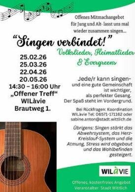 An invitation to an open singing gathering for young and old. Folk songs, homeland songs, and evergreens will be sung.