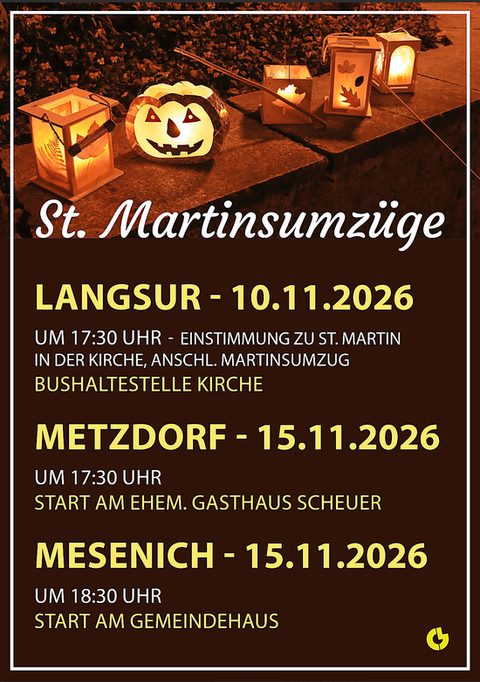 An invitation to the St. Martins parades with festive lanterns and pumpkins. The dates and start times are specified for the locations Langsur, Metzdorf, and Mesenich.