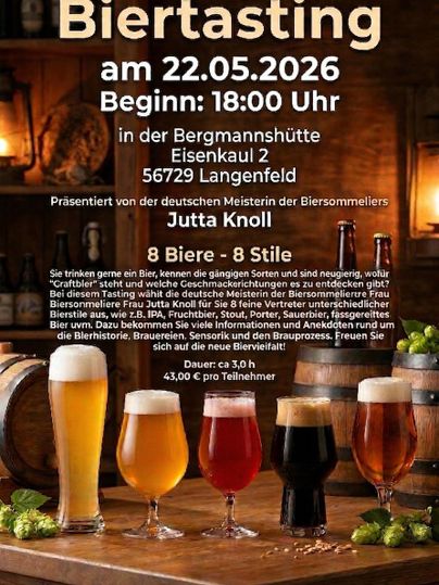 Een aantrekkelijk poster voor een bierproeverij. Het toont verschillende biersoorten in glazen met details over het evenement.