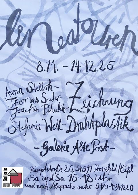 Eine Ausstellung mit dem Titel "Linienaturen" findet vom 8. November bis 14. Dezember 2025 statt. Die Galerie Alte Post präsentiert Werke von Anna Steilich, Thomas Suder, Joachim Plihul und Stefanie Welk.
