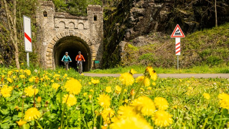 Deux cyclistes sortent d'un ancien tunnel ferroviaire sur une piste cyclable, entourés de pissenlits en fleurs.