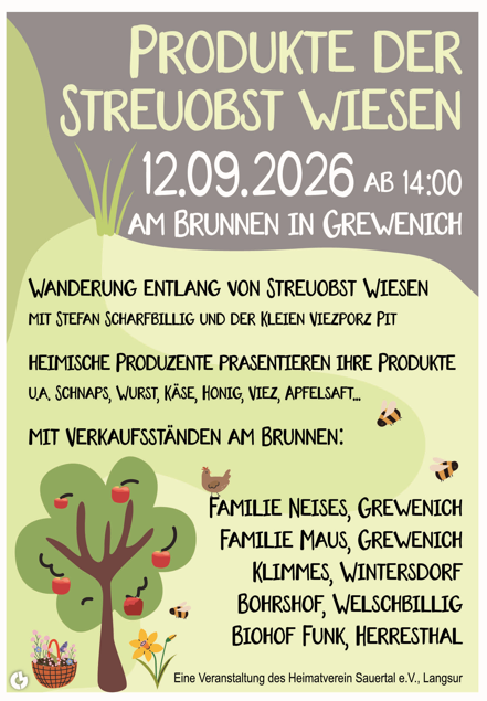 Une affiche publicitaire pour un événement intitulé « Produits des vergers traditionnels ». Elle présente des informations sur une journée de randonnée et des stands de vente à Grevenich, le 12 septembre 2026.