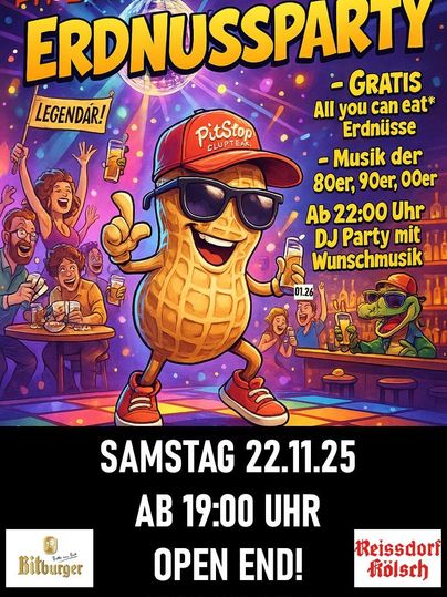 Een kleurrijk poster voor een pinda-feest in de PitStop Club. Er zijn gratis pinda's, muziek uit de jaren '80, '90 en een DJ-feest vanaf 22.00 uur.