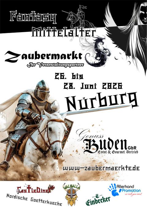 A poster for a medieval fantasy magic market in Nürburg. The event takes place from June 26 to June 28, 2026, and features an image of a knight on a horse.