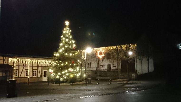A festively lit Christmas tree stands in a dark street. In the background, festive lights can be seen on a house.
