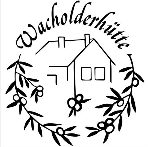 A simple logo with the inscription "Wachholderhütte" and a stylized drawing of a house. Surrounded by a wreath of branches and berries.