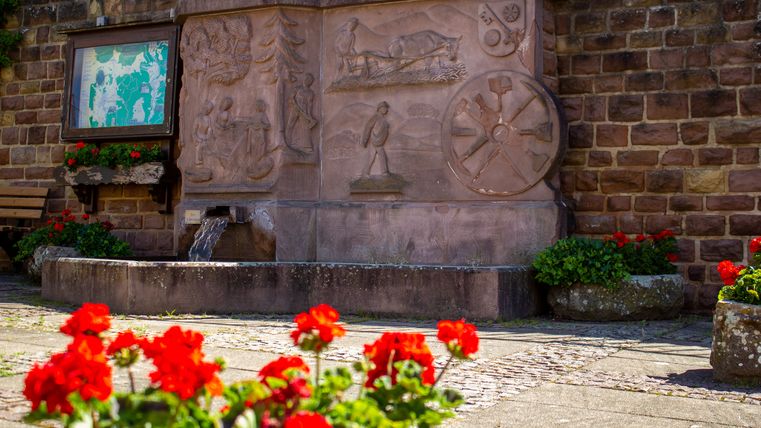 Stenen fontein met reliëfs en rode bloemen in Neidenbach.