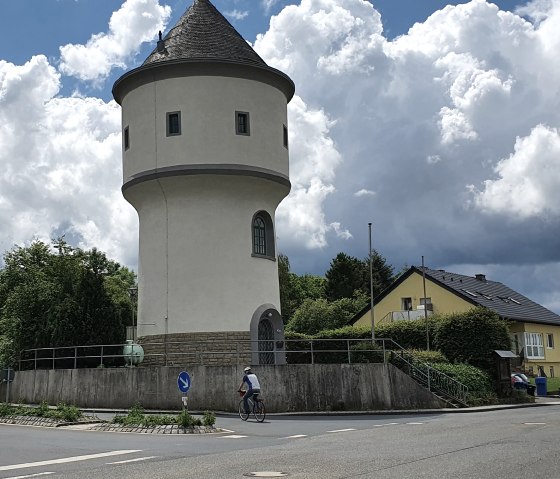 Château d'eau rond au toit pointu près d'une route, entouré d'arbres et de maisons. Un cycliste passe, le ciel est nuageux.