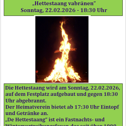 Un feu brûle brillamment, entouré d'un fond sombre. Il annonce l'événement "Hettestaang vabränen" le 18 février 2024.