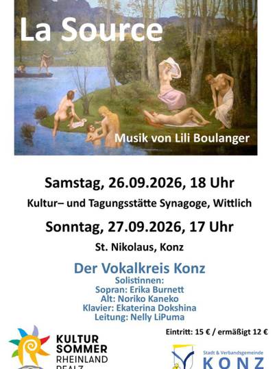 Een poster voor een muzikale gebeurtenis genaamd "La Source" met informatie over data en locatie. Het toont een artistieke weergave van personen aan het water.