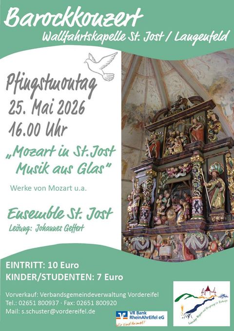 Ein Plakat für ein Barockkonzert in der Wallfahrtskapelle St. Jost, Langefeld. Das Konzert findet am Pfingstsonntag, dem 09. Juni 2025, um 16 Uhr statt und steht unter dem Motto "Flötenzauber".