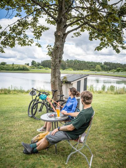 Three people are sitting under a tree by the shore of a body of water. In the background, there are bicycles, and the landscape is green and wooded.