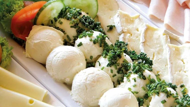 A selection of various types of cheese on a plate. Fresh herbs, cucumbers, and tomatoes are decoratively arranged beneath.