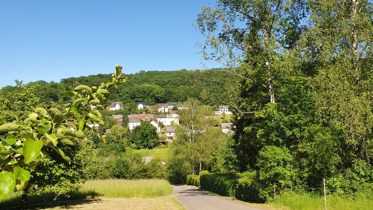 Uitzicht op Hüttingen vanaf het wandelpad, omgeven door groene natuur en blauwe lucht.