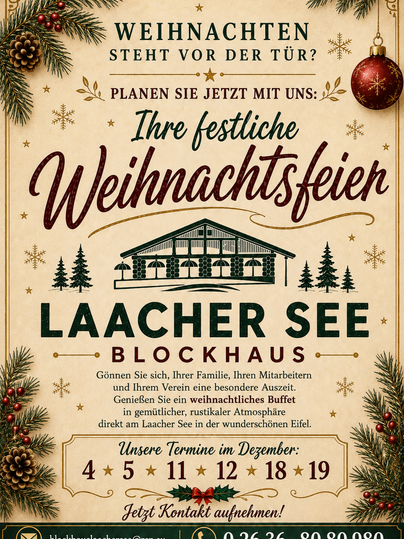 Un flyer festif pour une fête de Noël dans un chalet au lac de Laacher. Il invite les familles et les groupes à profiter de l'ambiance particulière et d'un buffet de Noël.