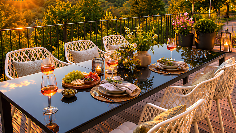 Ein schön gedeckter Tisch auf einer Terrasse, umgeben von Pflanzen und bei Sonnenuntergang. Es gibt Gläser mit Getränken und verschiedene Snacks auf dem Tisch.